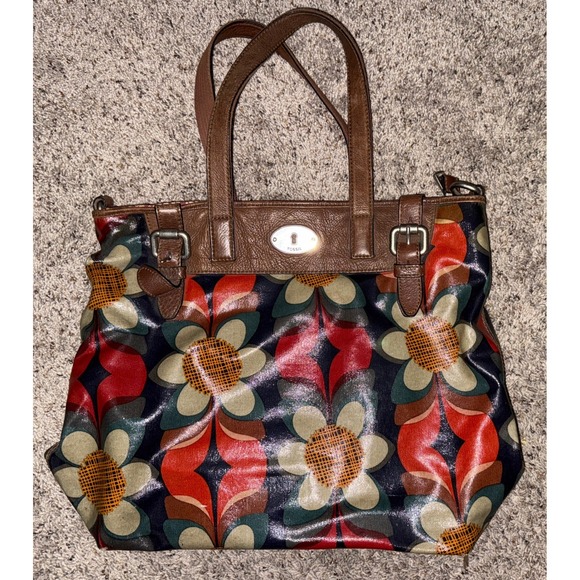 FOSSIL Key-Per Floral Coated Canvas Bag with Leather Trim Handbag - Picture 1 of 8